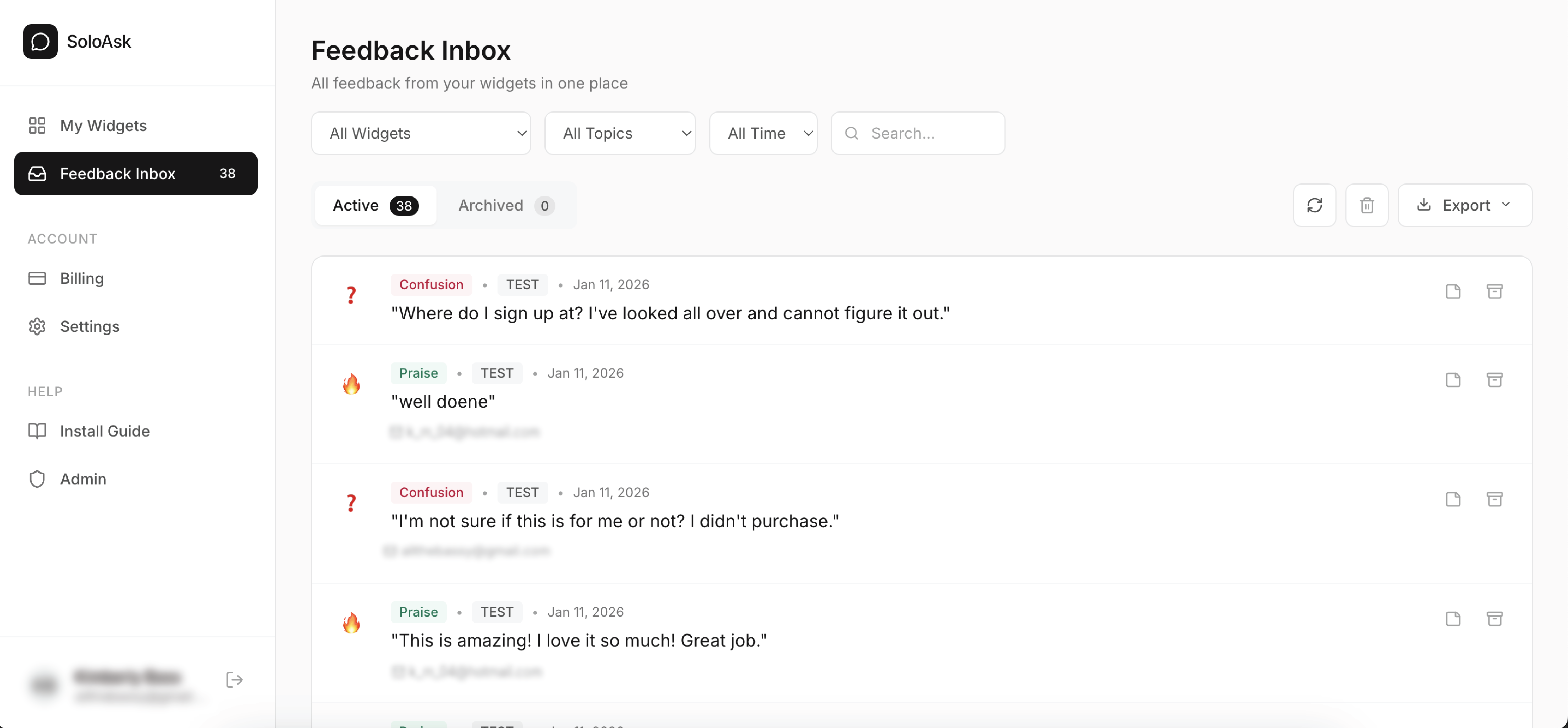 SoloAsk Pro Dashboard - Feedback Inbox